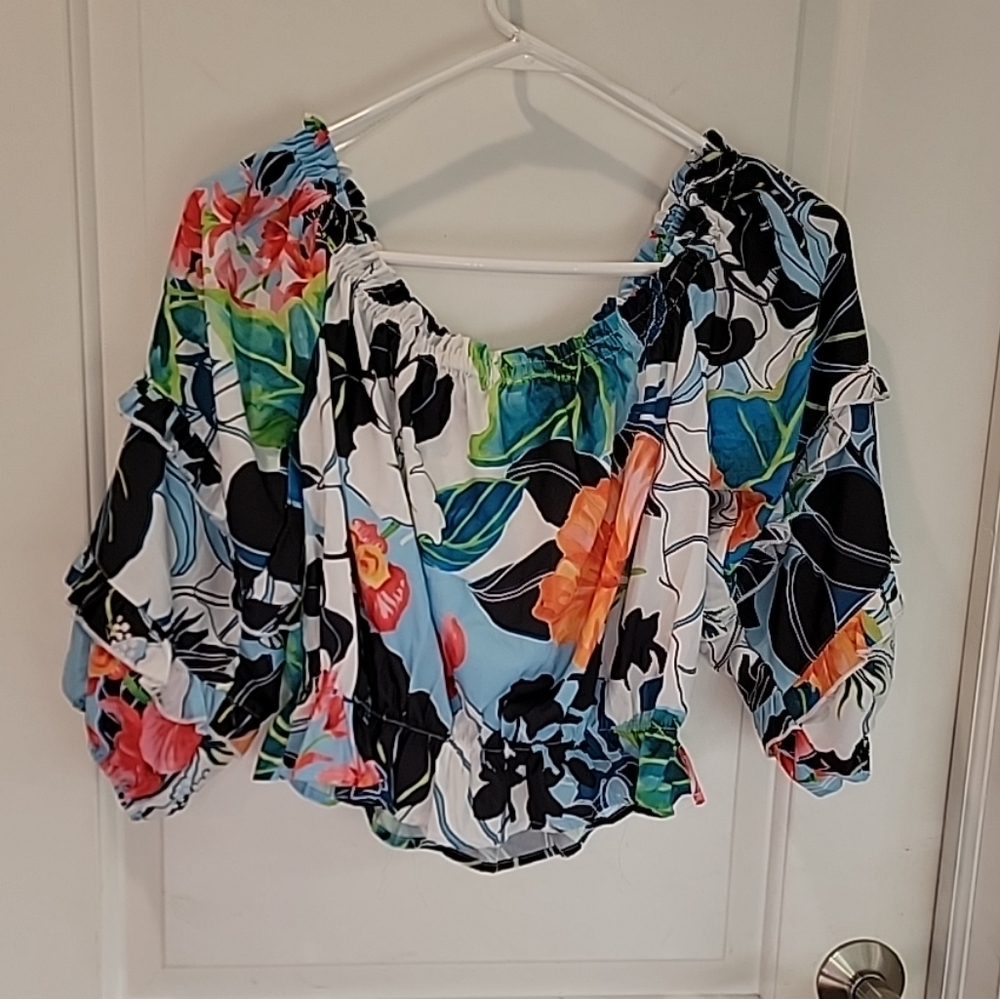 Rachel Zoe Womens Floral Cropped Blouse 3/4 Sleeve Size Medium - Picture 2 of 8